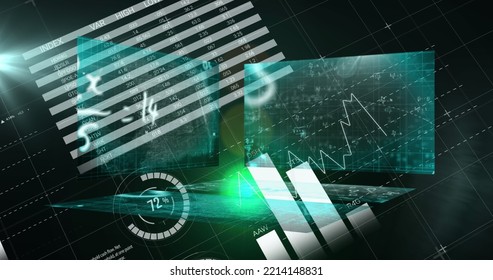 Composition of data processing and mathematical equations on black background. Science, education and digital interface concept digitally generated image.