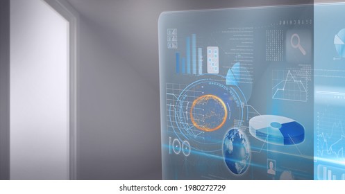 Composition of data processing on interactive screen over empty office. digital interface and data processing concept digitally generated image.