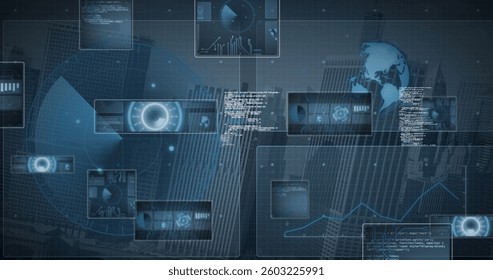 Composition of data processing on screens over globe and cityscape. global connections, digital interface and technology concept digitally generated image.