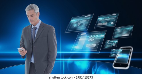 Composition of data processing over caucasian man using a smartphone in background. global technology, digital interface, connection and communication concept digitally generated image.