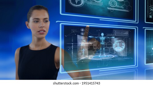 Composition of data processing over caucasian woman in background. global technology, digital interface, connection and communication concept digitally generated image.