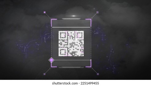 Composition of data processing with qr code over smoke. Global technology, computing and digital interface concept digitally generated image.