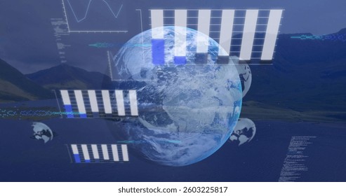 Composition of data and statistics processing over globe and landscape. global connections, digital interface and technology concept digitally generated image.
