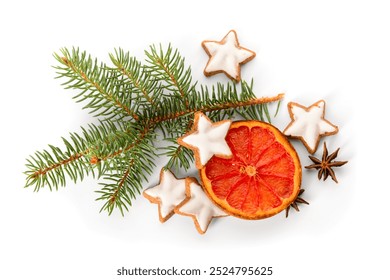 Composition with delicious stars shaped Christmas cookies, orange dried piece and fir tree branch on white background - Powered by Shutterstock