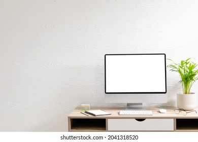 Composition of desktop computer with copy space on white background. modern office communication and technology concept.