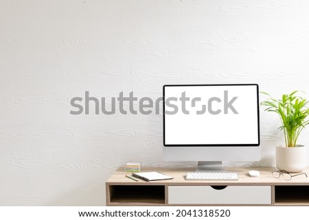 Composition of desktop computer with copy space on white background. modern office communication and technology concept.