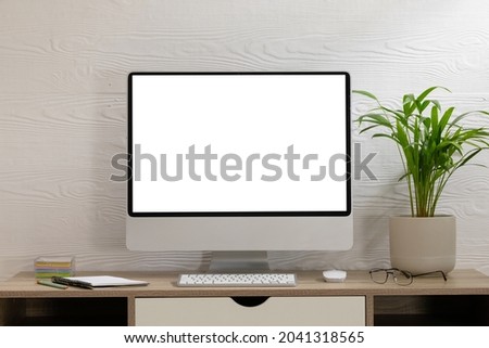 Composition of desktop computer with copy space on white background. modern office communication and technology concept.