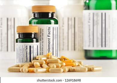 Composition with dietary supplement capsules. Drug pills