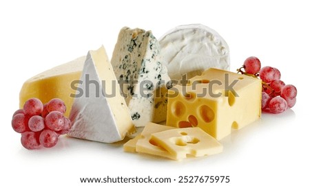 composition of different cheeses and red grape isolated on white background. delicious food collection closeup
