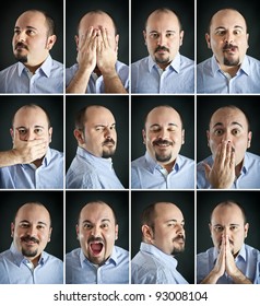 Composition Of Different Expressions Of The Same Man On Dark Background.