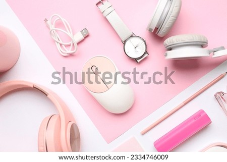 Composition with different gadgets on white background