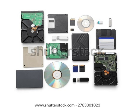 Composition with different memory storage devices on white background