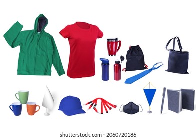 Composition of different promo products-Thermo cups-T-shirt-Hoodie sweatshirt-tie-pen-notebook paper-Lanyards Neck Strap-Mask covid-19-cap-cups tea-tote bag-Pennant-backpack-Table flag-Isolated - Shutterstock ID 2060720186