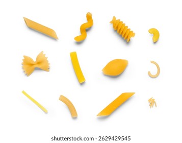 Composition with different raw pasta on white background