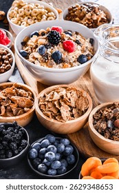 Composition with different sorts of breakfast cereal products and fresh fruits