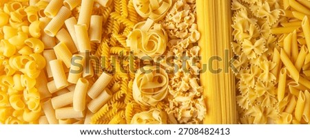 Composition with different tasty uncooked pasta - Italian pasta wallpaper, different types and shapes of pasta layout