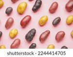 Composition with different types of raw potatoes on pink background