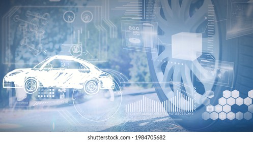 Composition Of Digital Icons And Car Drawing Over Car Tyre. Vehicle And Car And Motor Industry Concept Digitally Generated Image.