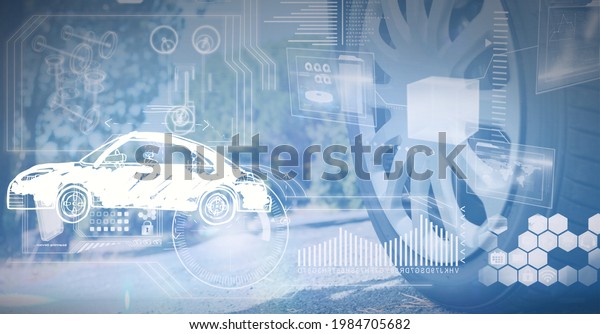 Composition of digital icons and car drawing over\
car tyre. vehicle and car and motor industry concept digitally\
generated image.