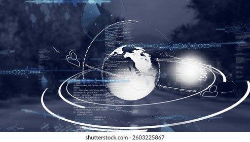 Composition of digital icons and data processing over globe and landscape. global connections, digital interface and technology concept digitally generated image.
