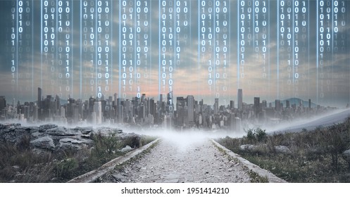 Composition of digital interface over a cityscape in background. global technology, digital interface, connection and communication concept digitally generated image.