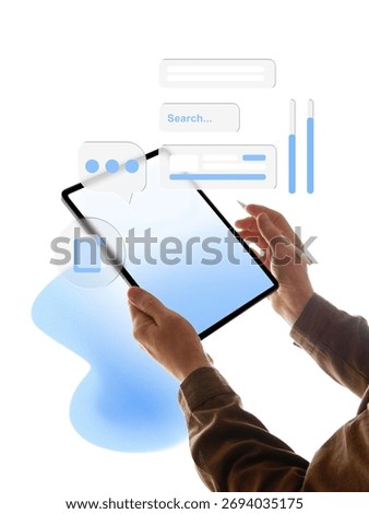 Composition of digital tablet with floating voice assistant and search interface for communication app. Concept of AI interaction, speech recognition, and seamless digital experience with focus.