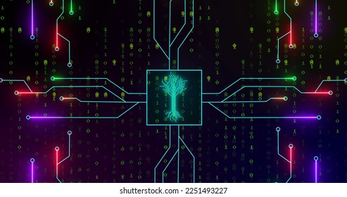 Composition of digital tree and light trails over binary coding on black background. Global business and digital interface concept digitally generated image.