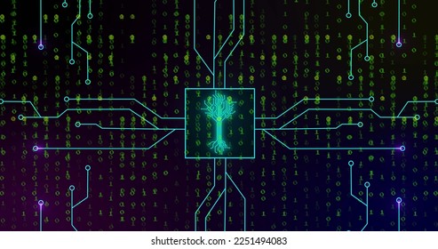 Composition of digital tree and light trails over binary coding on black background. Global business and digital interface concept digitally generated image.