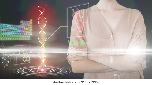 Composition of dna and medical data processing on screen over midsection of businesswoman. global medicine and science digital interface and technology concept digitally generated image.