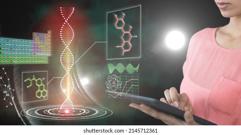 Composition of dna and medical data processing on screen over businesswoman using tablet. global medicine and science digital interface and technology concept digitally generated image.