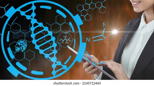 Composition of dna and medical data processing over businesswoman using tablet. global medicine and science digital interface and technology concept digitally generated image. - Powered by Shutterstock - Get 15% off with code: PIKWIZARD15
