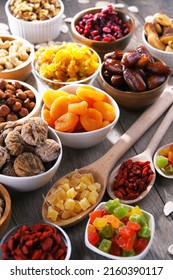 Composition with dried fruits and assorted nuts. Delicacies.