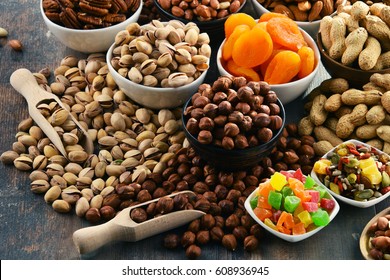 Composition with dried fruits and assorted nuts. Delicacies
