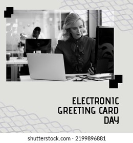 Composition of electronic greeting card day text over diverse business people using computers. Electronic greeting card day and celebration concept digitally generated image. - Powered by Shutterstock