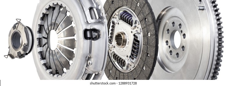 The Composition Of The Elements Of Car Repair Kit Clutch Manual Gearbox Isolated, On A White Background