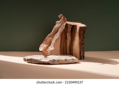 Composition empty podium material tree stone dry flowers. Product presentation. Background beige green. Beautiful background from natural materials - Shutterstock ID 2150490137