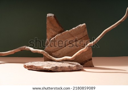 Composition empty podium material tree stone dry flowers. Product presentation. Background beige green. Beautiful background from natural materials