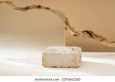 Composition empty podium material wood and glass geometric shape. Pastel beige background. Beautiful background made of natural materials for product presentation - Shutterstock ID 2293662365