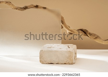 Composition empty podium material wood and glass geometric shape. Pastel beige background. Beautiful background made of natural materials for product presentation