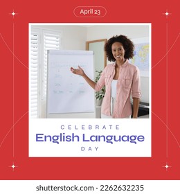 Composition of english language day text over happy biracial female teacher. English language day and learning concept digitally generated image. - Powered by Shutterstock