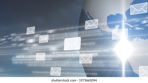 Composition of envelope icons with binary coding over globe. global data processing, technology and digital interface concept digitally generated image. - Powered by Shutterstock - Get 15% off with code: PIKWIZARD15