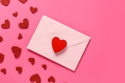 Composition With Envelope And Red Hearts On Pink Background. Valentine's Day Celebration