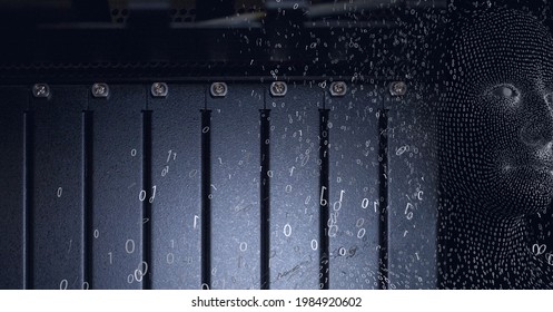 Composition Of Exploding Human Bust Formed With Binary Coding And Computer Server. Global Connections, Technology And Digital Interface.