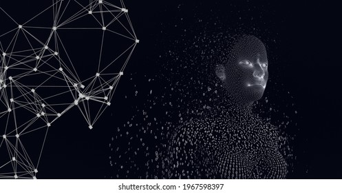 Composition of female bust formed with binary coding and network of connections on black background. global science, networking and technology concept digitally generated image.