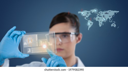 Composition Of Female Doctor Holding Interactive Screen With Medical Data Processing. Global Online Medicine And Technology Concept Digitally Generated Image.