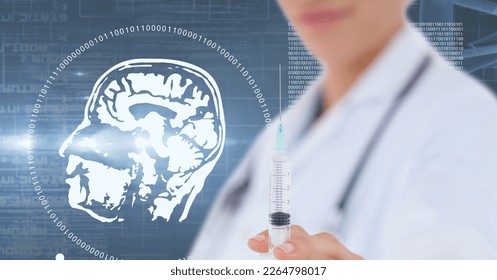 Composition of female doctor holding syringe with human head and medical data processing. global medicine, health and technology digital interface concept digitally generated image.