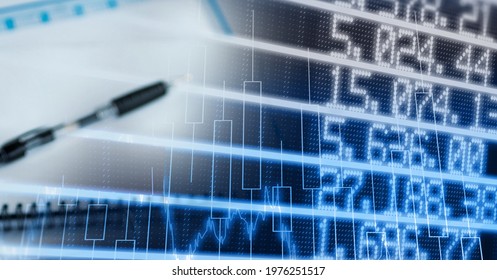Composition of financial statistics processing and notepad in background. global business, technology and digital interface concept digitally generated image.