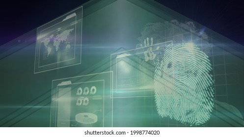 Composition of fingerprint and interactive screen with data processing. global business, digital interface, technology and networking concept digitally generated image.