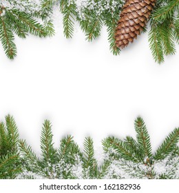 Composition From Fir Twigs With Fake Snow, On White Background