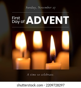 Composition of first day of advent text over candles. First day of advent and celebration concept digitally generated image. - Powered by Shutterstock